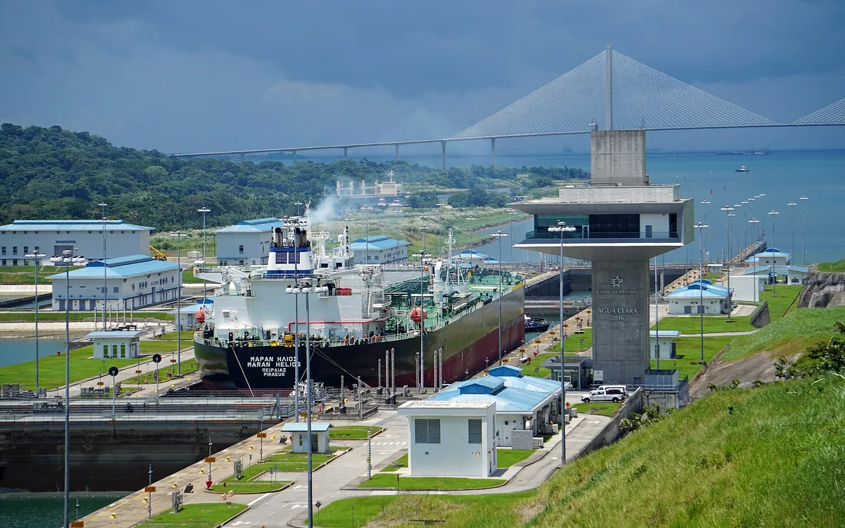 A cargo ship in the new Agua Clara Locks on the expanded Panama Canal
