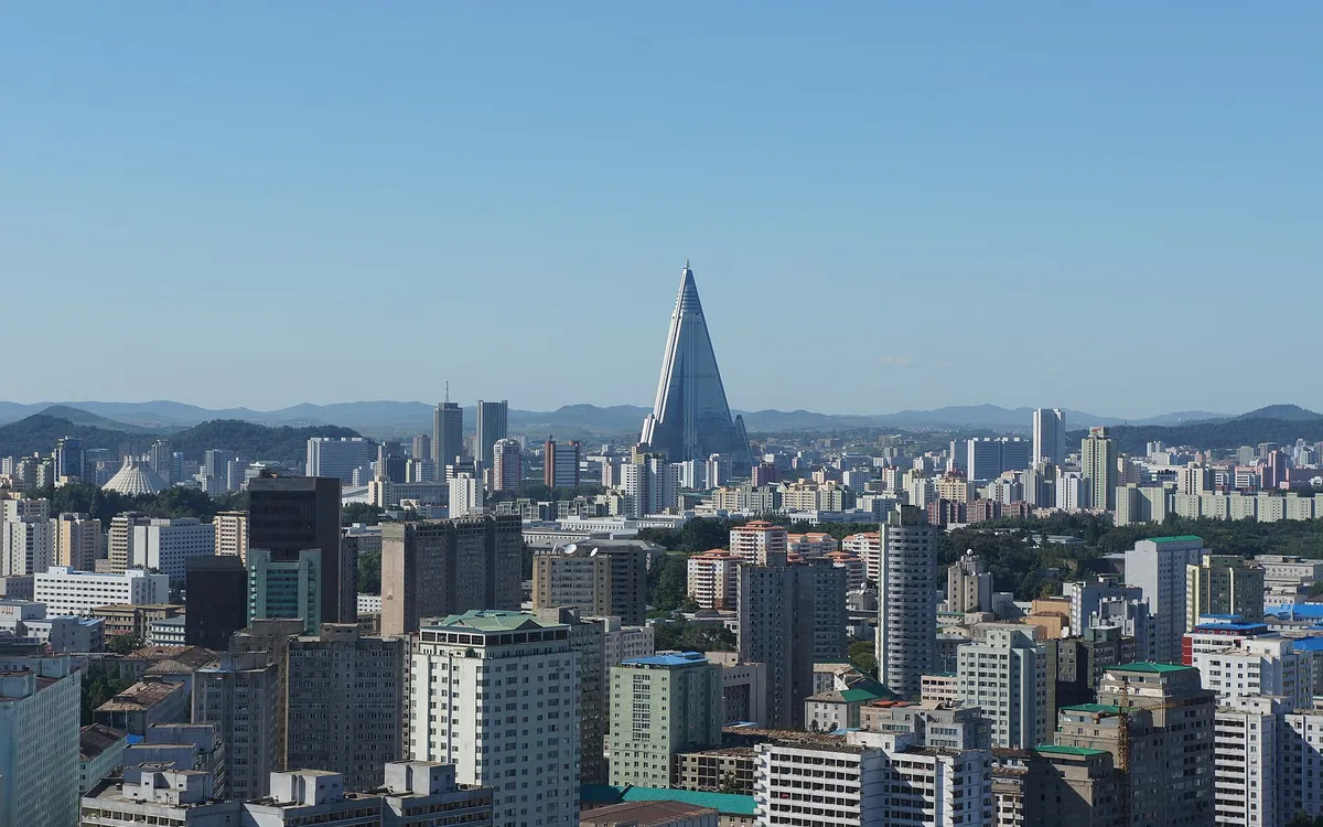 The pyramid-shaped Ryugyong Hotel rising above the Pyongyang skyline